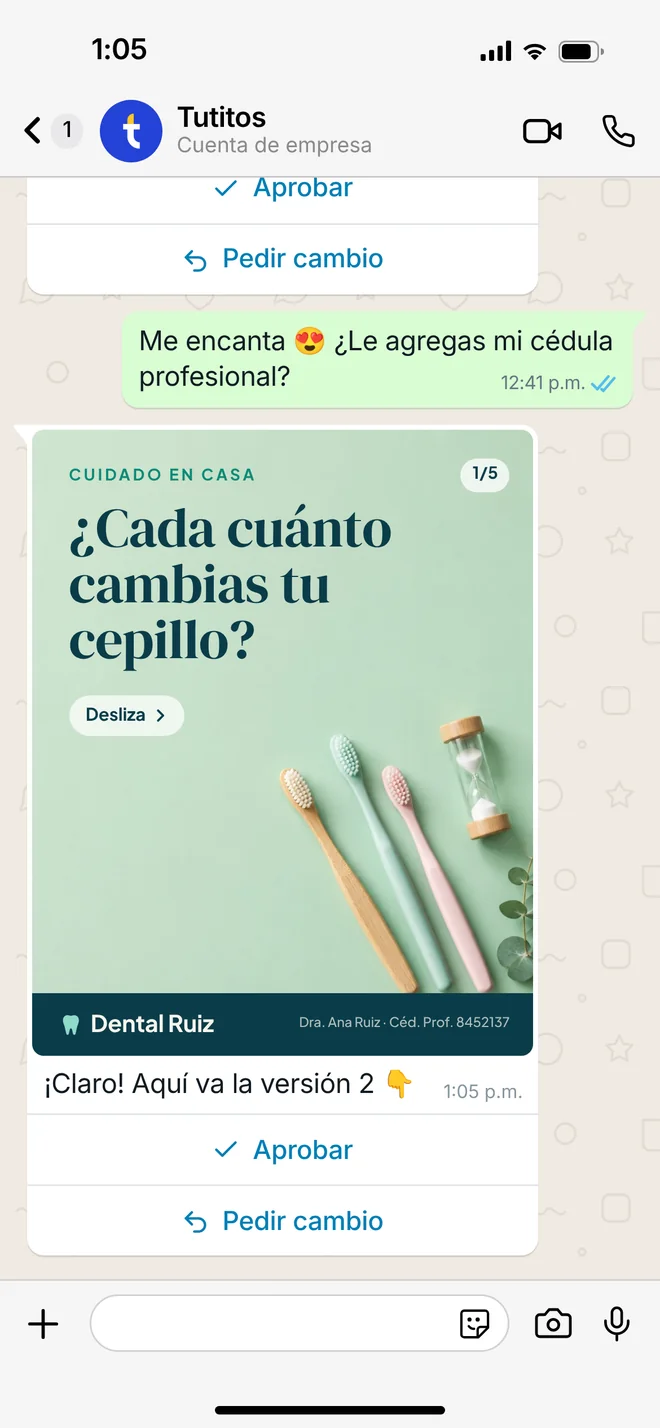 Chat de WhatsApp: vista previa de un carrusel con la versión 2 lista para aprobar