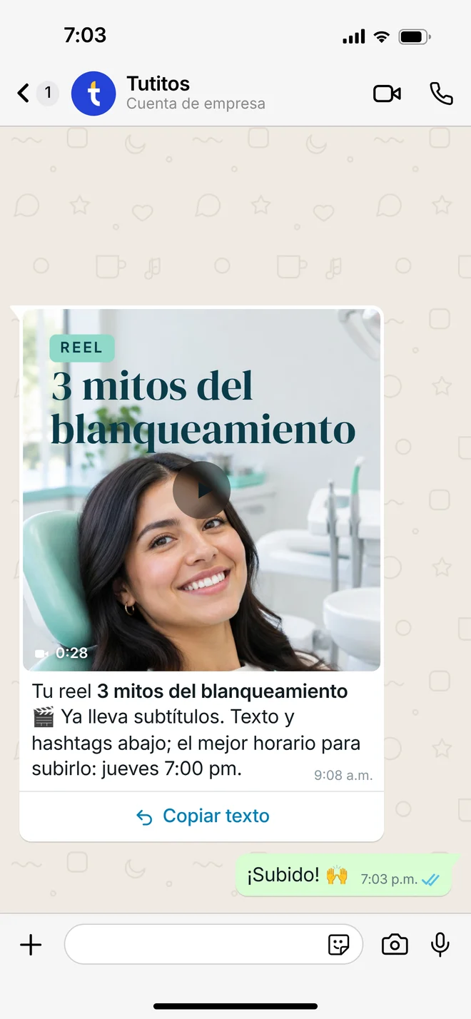Chat de WhatsApp: el reel aprobado llega listo para subir, con su texto